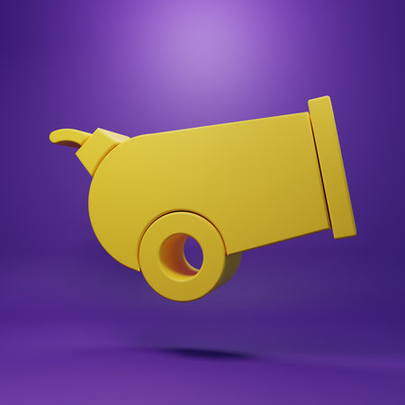 Yellow Cannon icon isolated on purple background. Minimalism concept. 3D render illustration.の写真素材