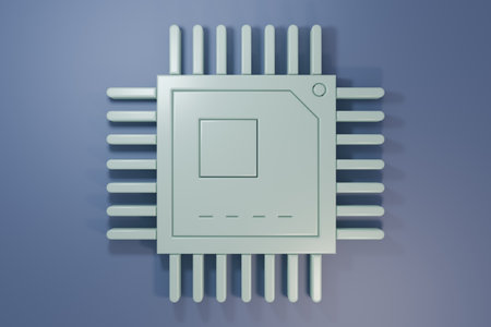 Gray Computer processor with microcircuits CPU icon isolated on purple-blue background. Chip or cpu with circuit board sign. Micro processor. Minimalism concept. 3D render illustration.の写真素材