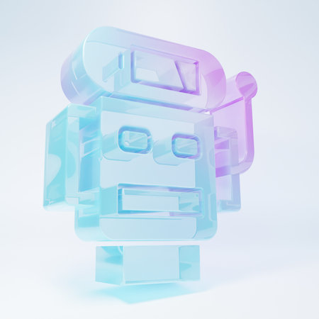 Frosted glass Robot low battery charge icon isolated on white background. Artificial intelligence, machine learning, cloud computing. Minimalism concept. 3D render illustration.の写真素材