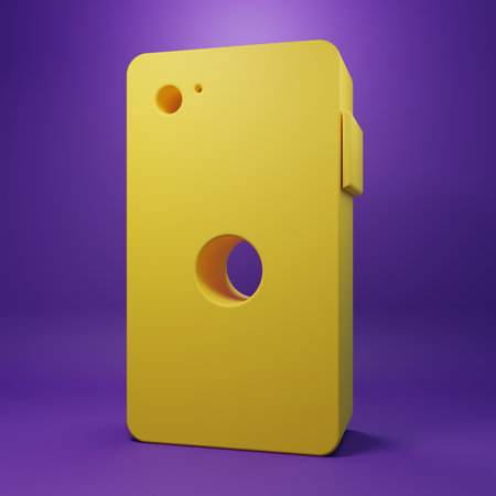 Yellow Smartphone, mobile phone icon isolated on purple background. Minimalism concept. 3D render illustration.の写真素材