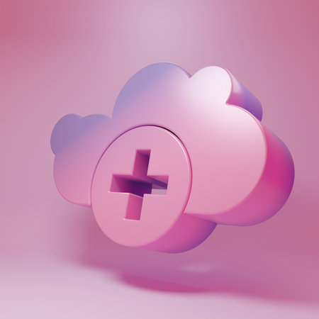 Purple-pink Add cloud icon isolated on pink background. Data storage on the cloud. Minimalism concept. 3D render illustration.の写真素材