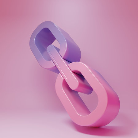 Purple-pink Chain link icon isolated on pink background. Link single. Minimalism concept. 3D render illustration.の写真素材