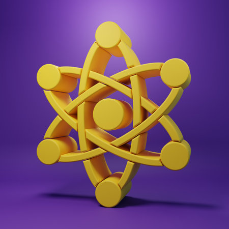 Yellow Atom icon isolated on purple background. Symbol of science, education, nuclear physics, scientific research. Minimalism concept. 3D render illustration.の写真素材