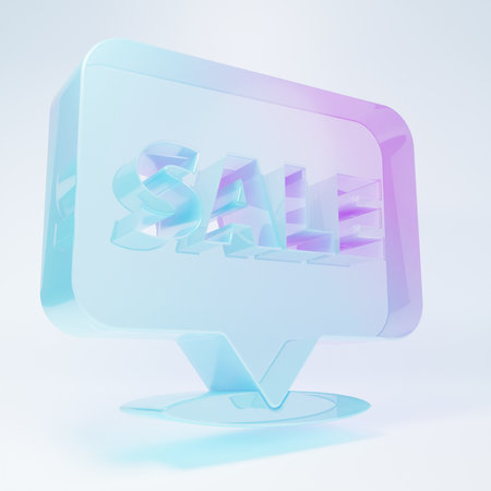 Frosted glass Hanging sign with text Sale icon isolated on white background. Signboard with text Sale. Minimalism concept. 3D render illustration.の写真素材