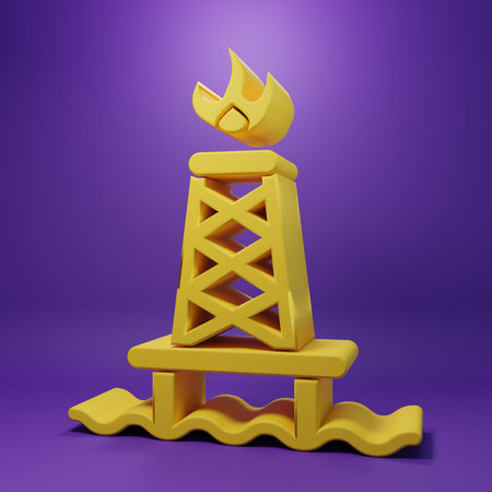 Yellow Oil rig with fire icon isolated on purple background. Gas tower Industrial object. Minimalism concept. 3D render illustration.の写真素材