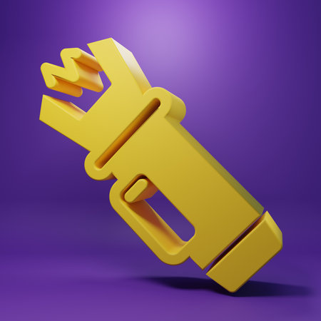 Yellow Police electric shocker icon isolated on purple background. Shocker for protection. Taser is an electric weapon. Minimalism concept. 3D render illustration.の写真素材