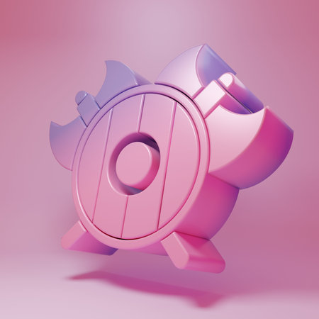 Purple-pink Medieval shield with crossed axes icon isolated on pink background. Battle axe, executioner axe. Minimalism concept. 3D render illustration.の写真素材