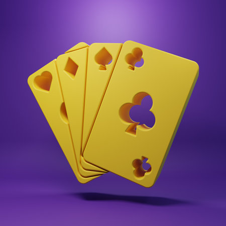 Yellow Playing cards icon isolated on purple background. Casino gambling. Minimalism concept. 3D render illustration.の写真素材