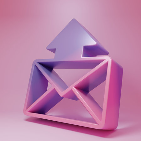 Purple-pink Mail and e-mail icon isolated on pink background. Envelope symbol e-mail. Email message sign. Minimalism concept. 3D render illustration.の写真素材