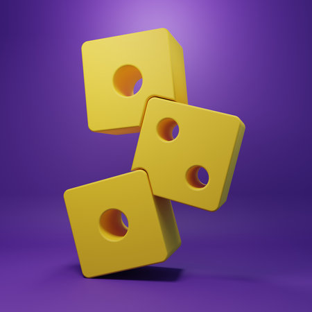 Yellow Game dice icon isolated on purple background. Casino gambling. Minimalism concept. 3D render illustration.の写真素材