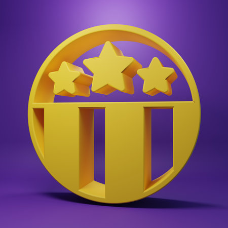 Yellow Medal with star icon isolated on purple background. Winner achievement sign. Award medal. Minimalism concept. 3D render illustration.の写真素材