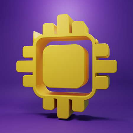 Yellow Computer processor with microcircuits CPU icon isolated on purple background. Chip or cpu with circuit board. Micro processor. Minimalism concept. 3D render illustration.の写真素材