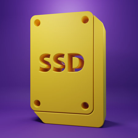 Yellow SSD card icon isolated on purple background. Solid state drive sign. Storage disk symbol. Minimalism concept. 3D render illustration.の写真素材