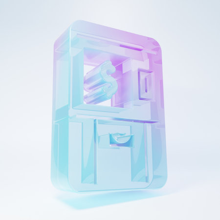 Frosted glass ATM - Automated teller machine and money icon isolated on white background. Minimalism concept. 3D render illustration.の写真素材
