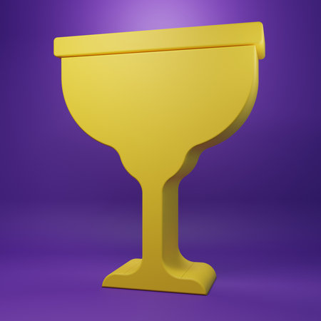 Yellow Jewish goblet icon isolated on purple background. Jewish wine cup for kiddush. Kiddush cup for Shabbat. Minimalism concept. 3D render illustration.の写真素材