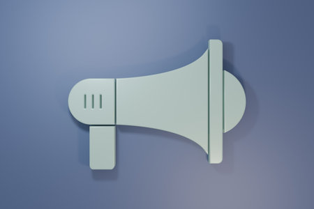 Gray Megaphone icon isolated on purple-blue background. Loud speech alert concept. Bullhorn for Mouthpiece scream promotion. Minimalism concept. 3D render illustration.の写真素材