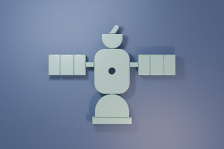 Gray Satellite icon isolated on purple-blue background. Minimalism concept. 3D render illustration.の写真素材