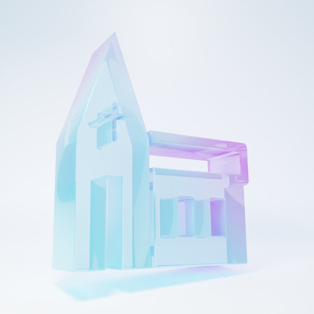 Frosted glass Church building icon isolated on white background. Christian Church. Religion of church. Minimalism concept. 3D render illustration.の写真素材