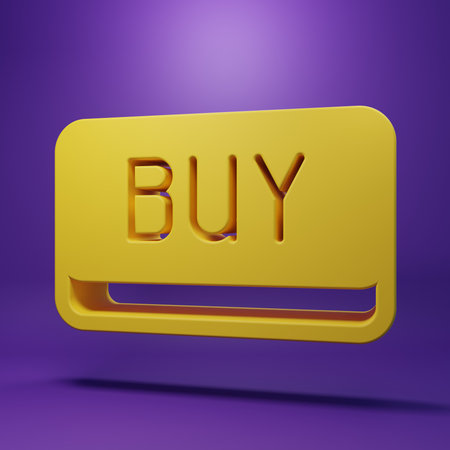 Yellow Buy button icon isolated on purple background. Financial and stock investment market concept. Minimalism concept. 3D render illustration.の写真素材