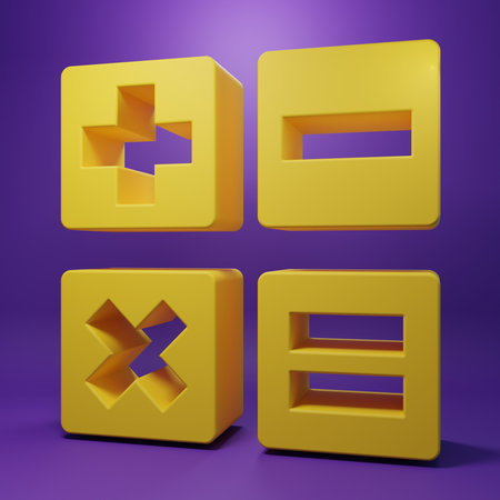 Yellow Calculator icon isolated on purple background. Accounting symbol. Business calculations mathematics education and finance. Minimalism concept. 3D render illustration.の写真素材