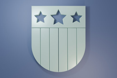 Gray Shield with stars and stripes icon isolated on purple-blue background. United States of America country flag. 4th of July. USA Independence day. Minimalism concept. 3D render illustration.の写真素材
