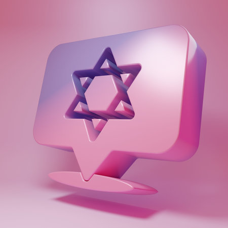Purple-pink Star of David icon isolated on pink background. Jewish religion symbol. Symbol of Israel. Minimalism concept. 3D render illustration.の写真素材