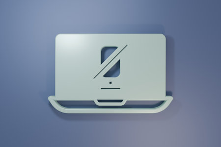 Gray Mute microphone on laptop icon isolated on purple-blue background. Microphone audio muted. Minimalism concept.の写真素材