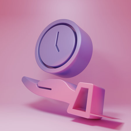 Purple-pink Clock icon isolated on pink background. Time symbol. Minimalism concept. 3D render illustration.の写真素材