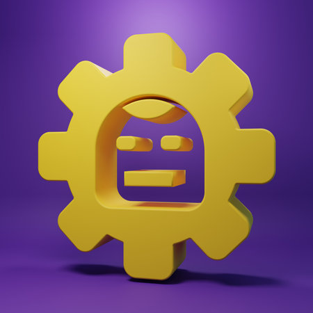 Yellow Robot icon isolated on purple background. Artificial intelligence, machine learning, cloud computing. Minimalism concept. 3D render illustration.の写真素材