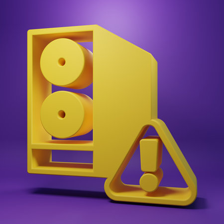 Yellow case of computer with exclamation mark icon isolated on purple background. Computer server. Workstation. Minimalism concept. 3D render illustration.の写真素材