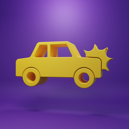 Yellow Car icon isolated on purple background. Insurance concept. Security, safety, protection, protect concept. Minimalism concept. 3D render illustration.の写真素材