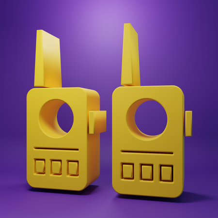 Yellow Walkie talkie icon isolated on purple background. Portable radio transmitter icon. Radio transceiver sign. Minimalism concept. 3D render illustration.の写真素材