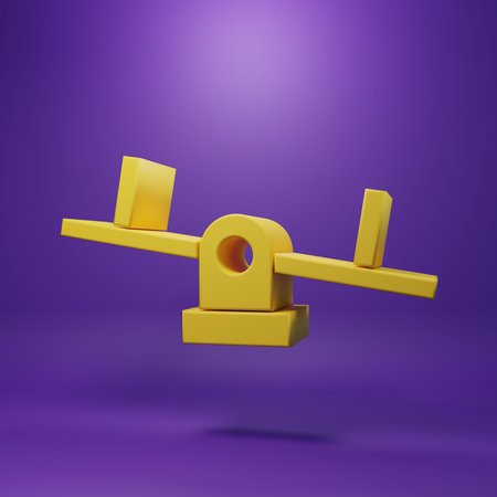Yellow Seesaw icon isolated on purple background. Teeter equal board. Playground symbol. Minimalism...
