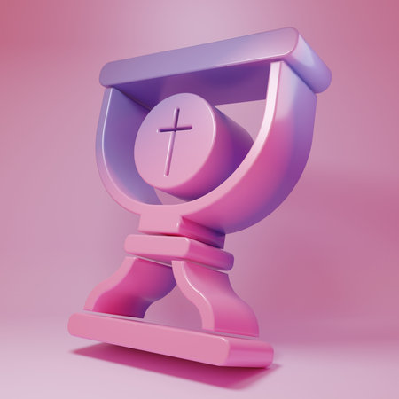 Purple-pink Christian chalice icon isolated on pink background. Christianity icon. Happy Easter. Minimalism concept. 3D render illustration.の写真素材