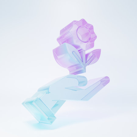 Frosted glass Hand holding flower icon isolated on white background. Seed and seedling. Planting supply. Ecology concept. Minimalism concept. 3D render illustration.の写真素材
