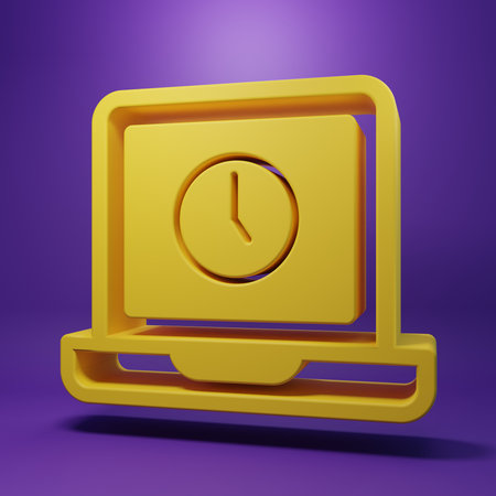 Yellow Laptop time icon isolated on purple background. Computer notebook with empty screen sign. Minimalism concept. 3D render illustration.の写真素材