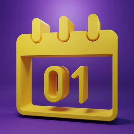 Yellow Calendar icon isolated on purple background. Event reminder symbol. Minimalism concept. 3D render illustration.の写真素材