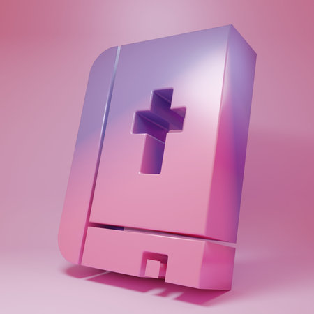 Purple-pink Holy bible book icon isolated on pink background. Minimalism concept. 3D render illustration.の写真素材
