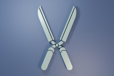 Gray Gardening handmade scissors for trimming icon isolated on purple-blue background. Pruning shears with wooden handles. Minimalism concept. 3D render illustration.の写真素材