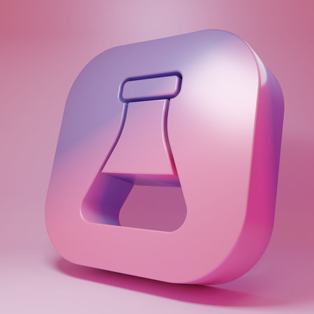 Purple-pink Test tube and flask chemical laboratory test icon isolated on pink background. Laboratory glassware sign. Minimalism concept. 3D render illustration.の写真素材