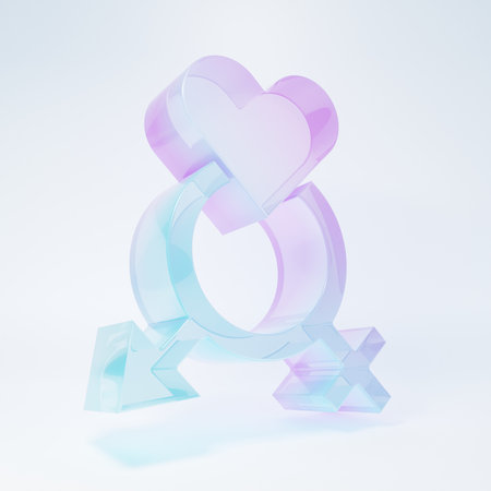 Frosted glass Gender icon isolated on white background. Symbols of men and women. Sex symbol. Minimalism concept. 3D render illustration.の写真素材