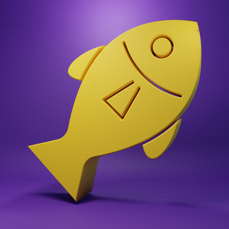 Yellow Fish icon isolated on purple background. Minimalism concept. 3D render illustration.の写真素材
