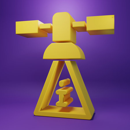Yellow Satellite icon isolated on purple background. Minimalism concept. 3D render illustration.の写真素材