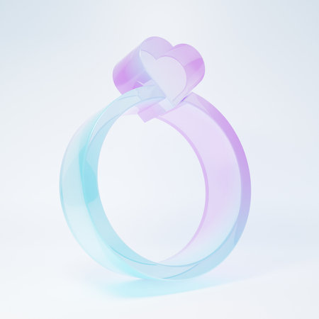 Frosted glass Wedding rings icon isolated on white background. Bride and groom jewelry sign. Marriage symbol. Diamond ring. Minimalism concept. 3D render illustration.の写真素材