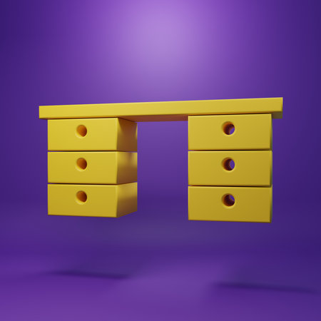Yellow Office desk icon isolated on purple background. Minimalism concept. 3D render illustration.の写真素材