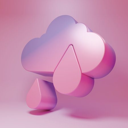 Purple-pink Cloud with rain icon isolated on pink background. Rain cloud precipitation with rain drops. Minimalism concept. 3D render illustration.の写真素材