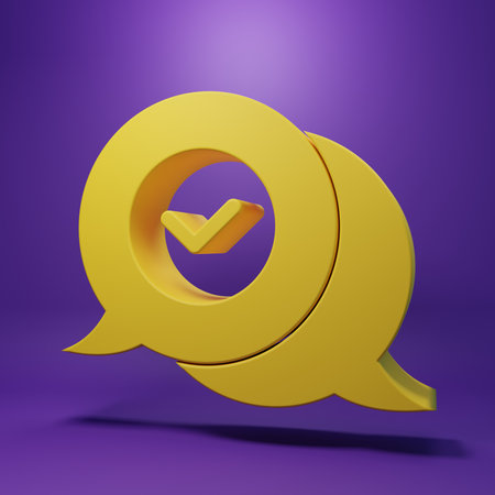 Yellow Check mark in speech bubble icon isolated on purple background. Security, safety, protection, privacy concept. Tick mark approved. Minimalism concept. 3D render illustration.の写真素材