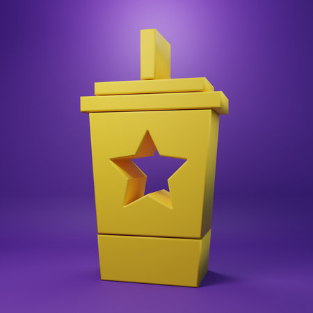 Yellow Paper glass with drinking straw and water icon isolated on purple background. Soda drink glass. Fresh cold beverage symbol. Minimalism concept. 3D render illustration.の写真素材