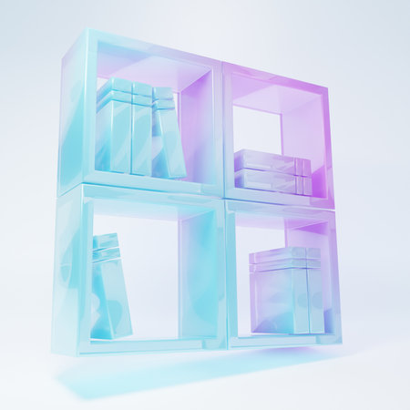 Frosted glass Shelf with books icon isolated on white background. Shelves sign. Minimalism concept. 3D render illustration.の写真素材