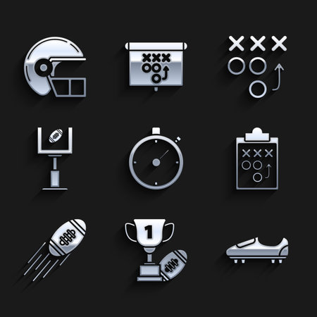 Set Stopwatch Award cup and American football ball Soccer or shoes with spikes Planning strategy concept Football goal post and helmet icon. Vector.のイラスト素材